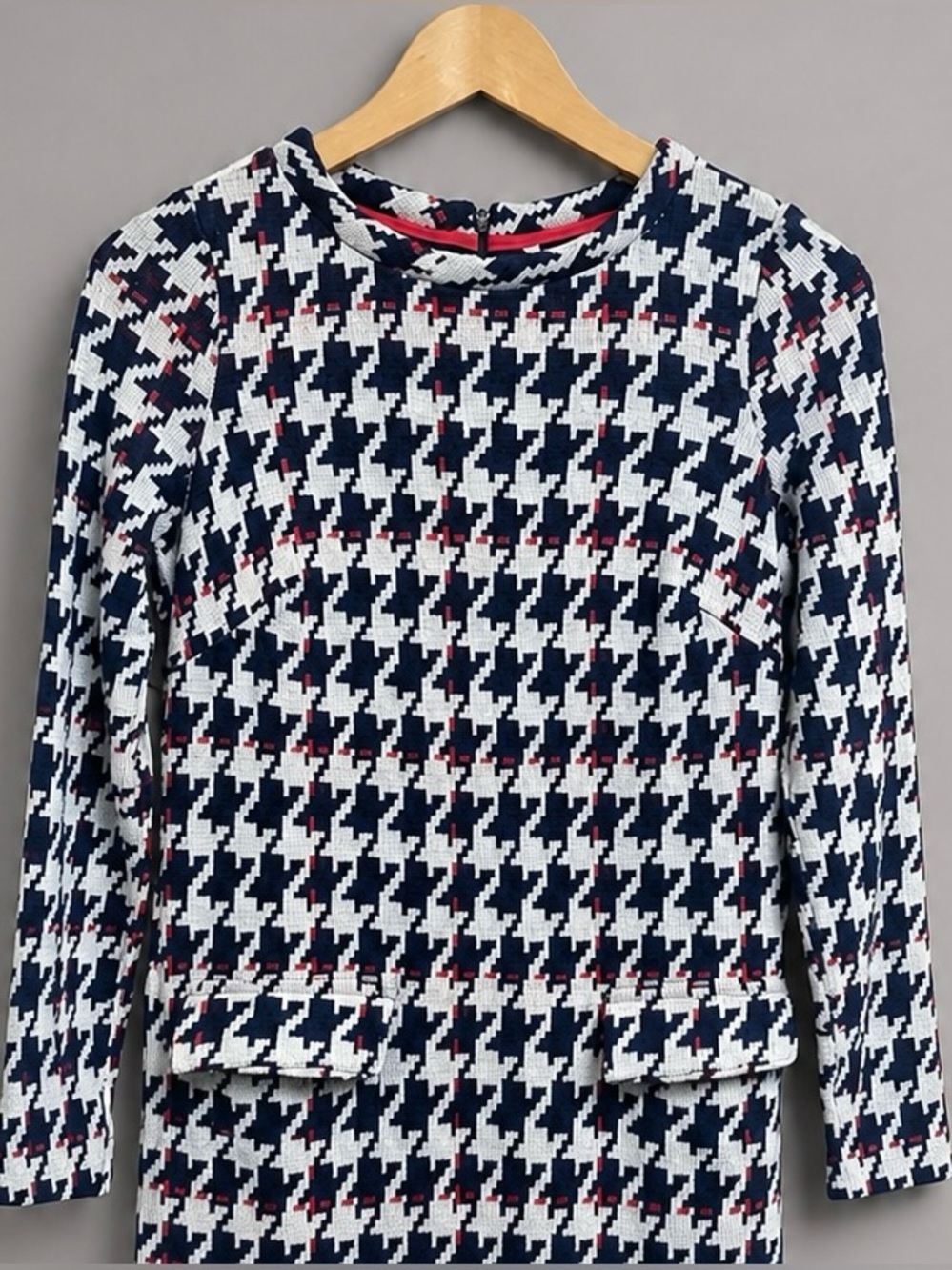 Boden Houndstooth Sheath Dress Size 4 Navy Ivory Red Hidden Zip Lined - Picture 5 of 10